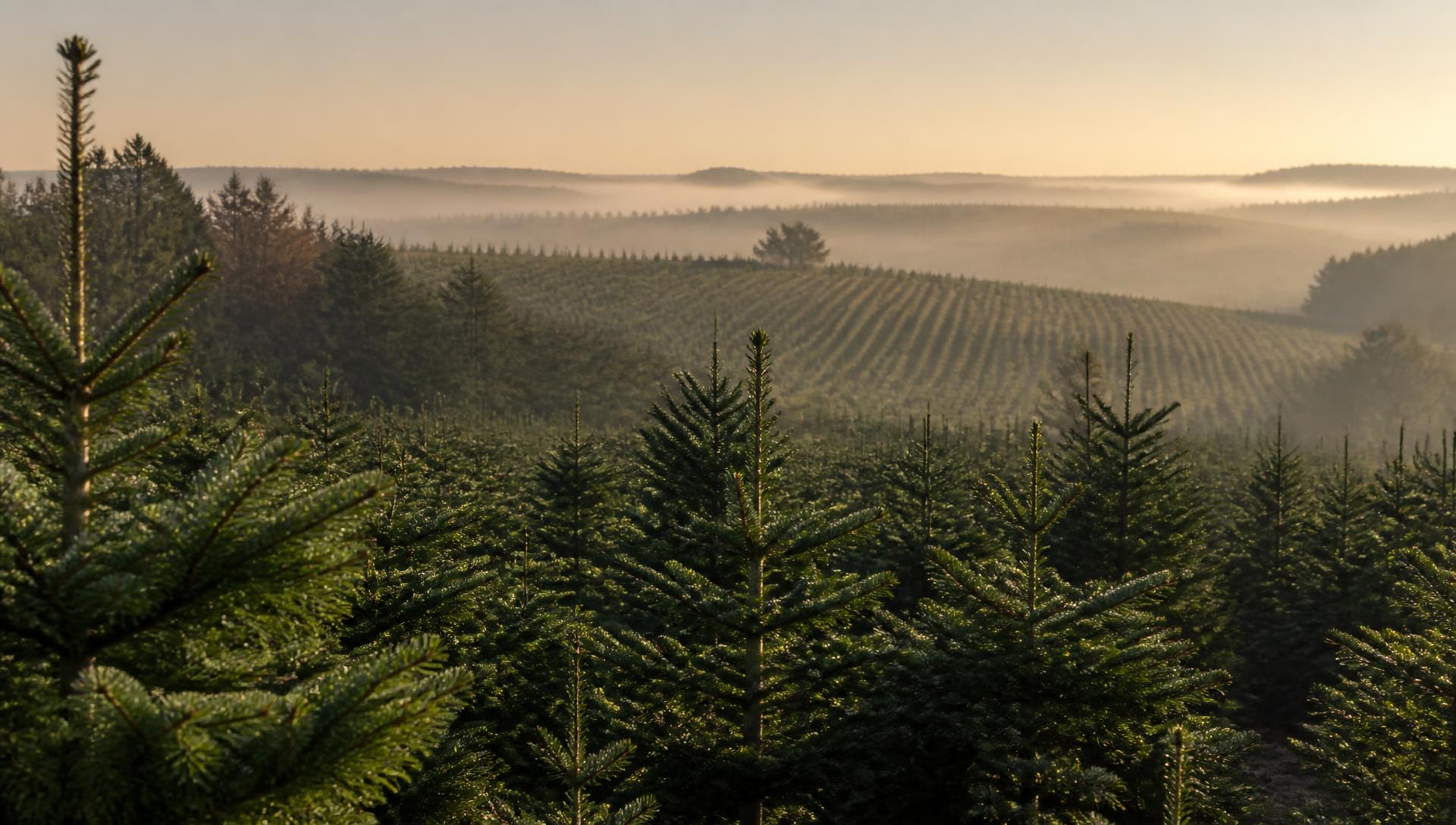 Rows of Nordmann firs of different ages in a misty hill landscape at sunrise