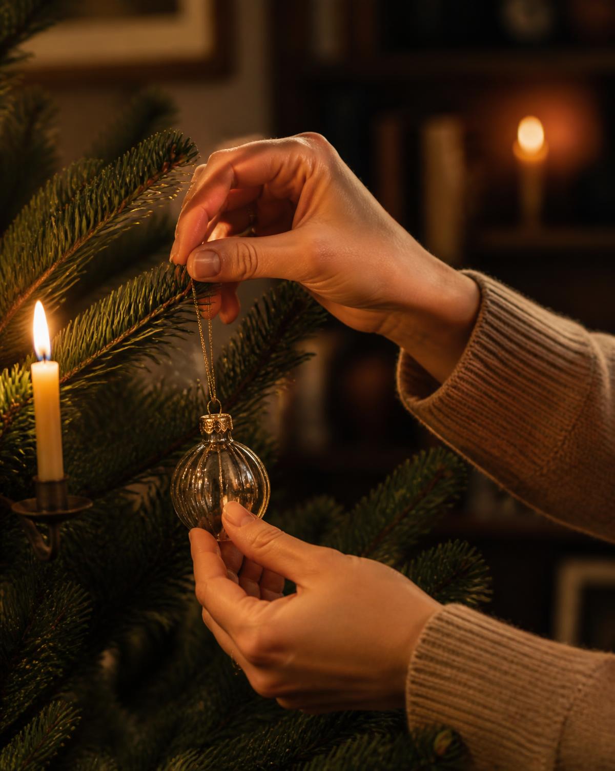 Hands hanging a glass ornament on the branch of a real fir tree by candlelight