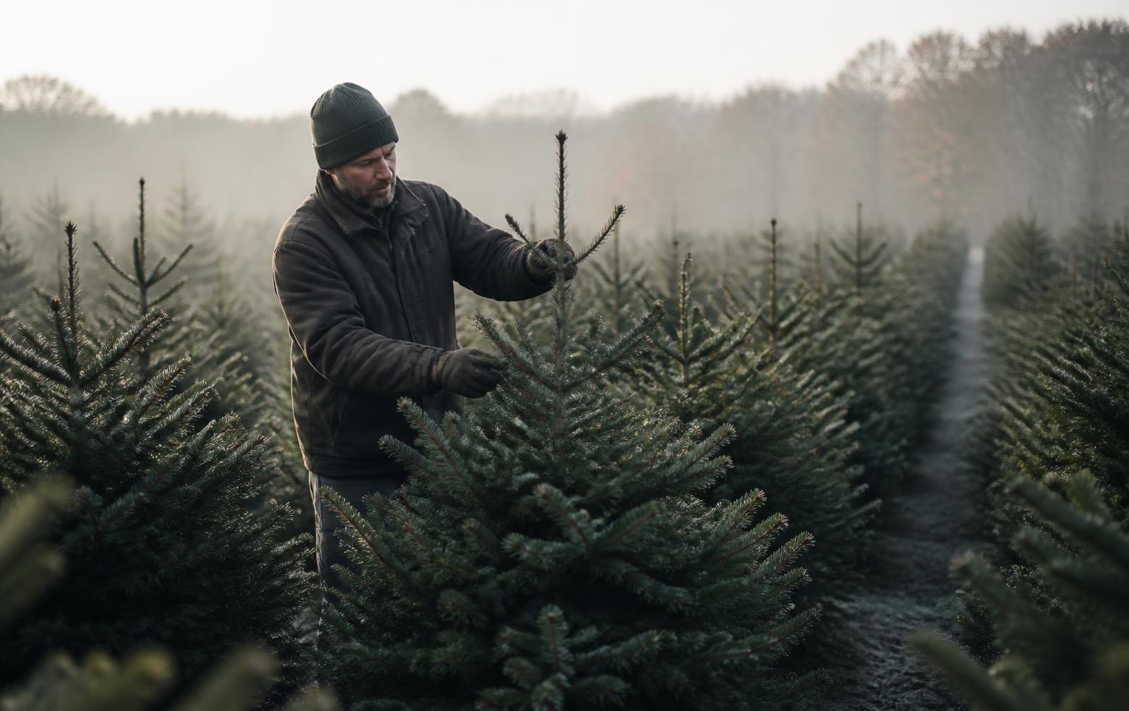 A grower shaping the branches of a young Nordmann fir on a misty morning