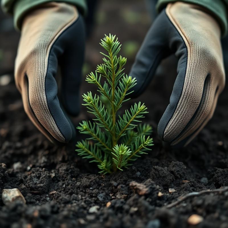 Hands planting a young Nordmann fir seedling in dark soil